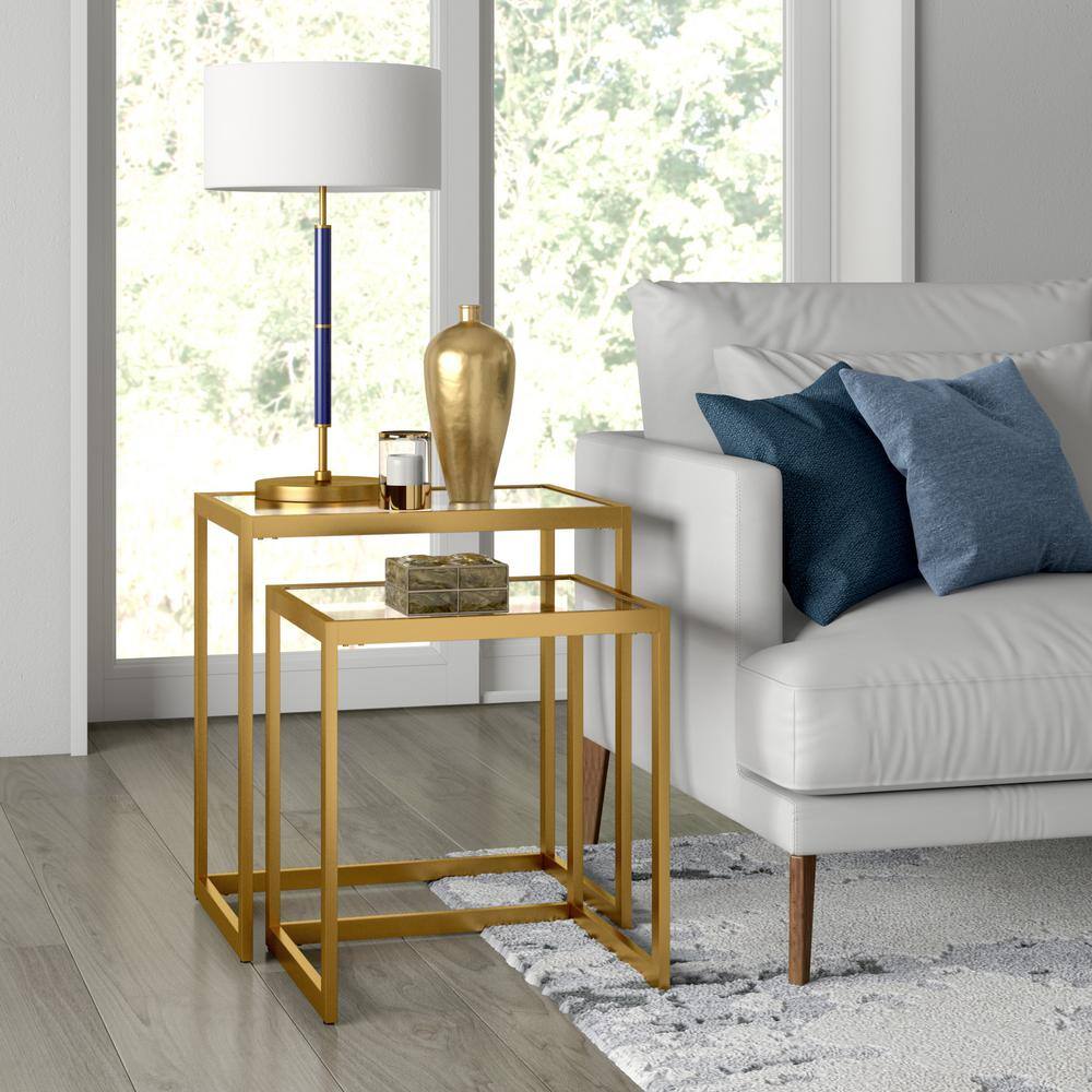 Gold Rectangular Metal and Glass Nested Accent Tables, Set of 2