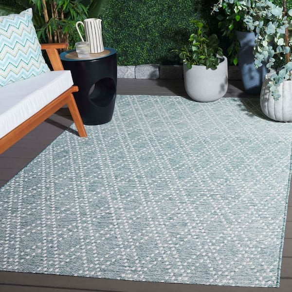Sunset Aqua/Beige 9 ft. x 12 ft. Geometric Diamond Indoor/Outdoor Area Rug