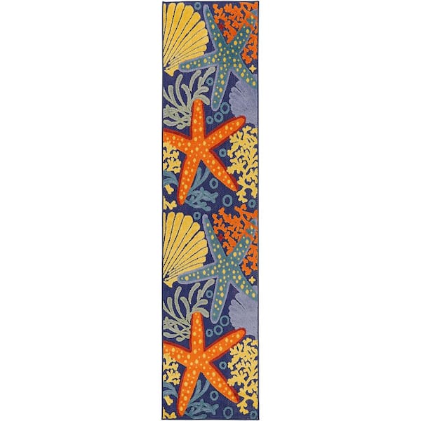 Nourison Aloha Navy Multicolor 2 ft. x 6 ft. Nature-inspired Contemporary Runner Indoor/Outdoor Area Rug