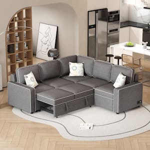 83 in.  Gray Modern Linen Full Size Reversible Sleeper Sofa Bed with 2 USB ports