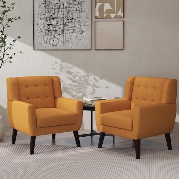 Uixe Mid-Century Modern Button Orange Linen Accent Arm Chair (set of 2)