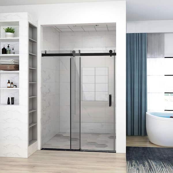 Satico 60 in. W x 76 in. H Single Sliding Frameless Shower Door/Enclosure in Matte Black Finish with Clear Glass