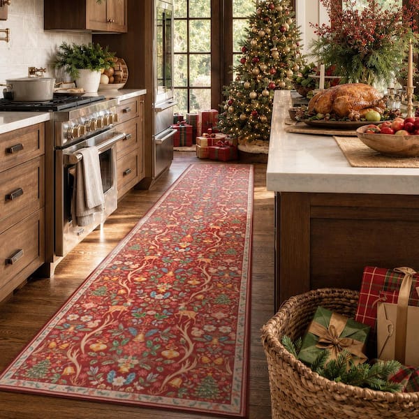 Vintage Christmas Woodland Floral Pattern Non Slip Red 2 ft. x 10 ft. Living Room/Bedroom Indoor Runner Rug