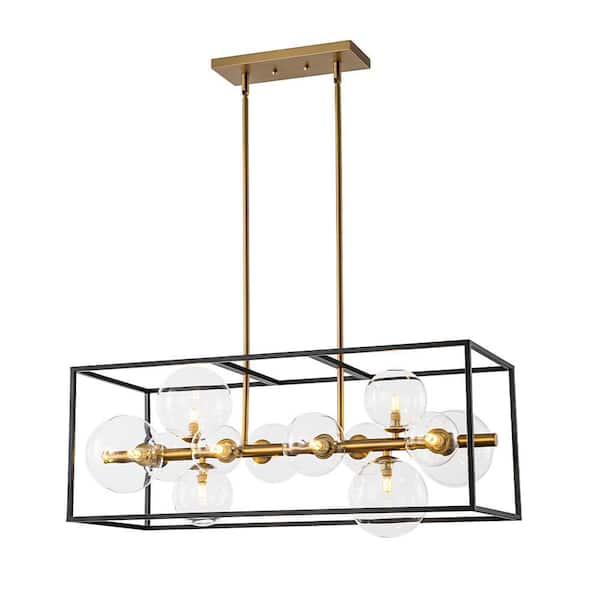 Y'INSP 12 Light Black Gold Modern Farmhouse Open Rectangular Frame Globe Linear Chandeliers for Island With Clear Glass Shade