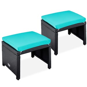 Black Wicker Outdoor Ottoman with removeable Teal Cushion (2-Pack)