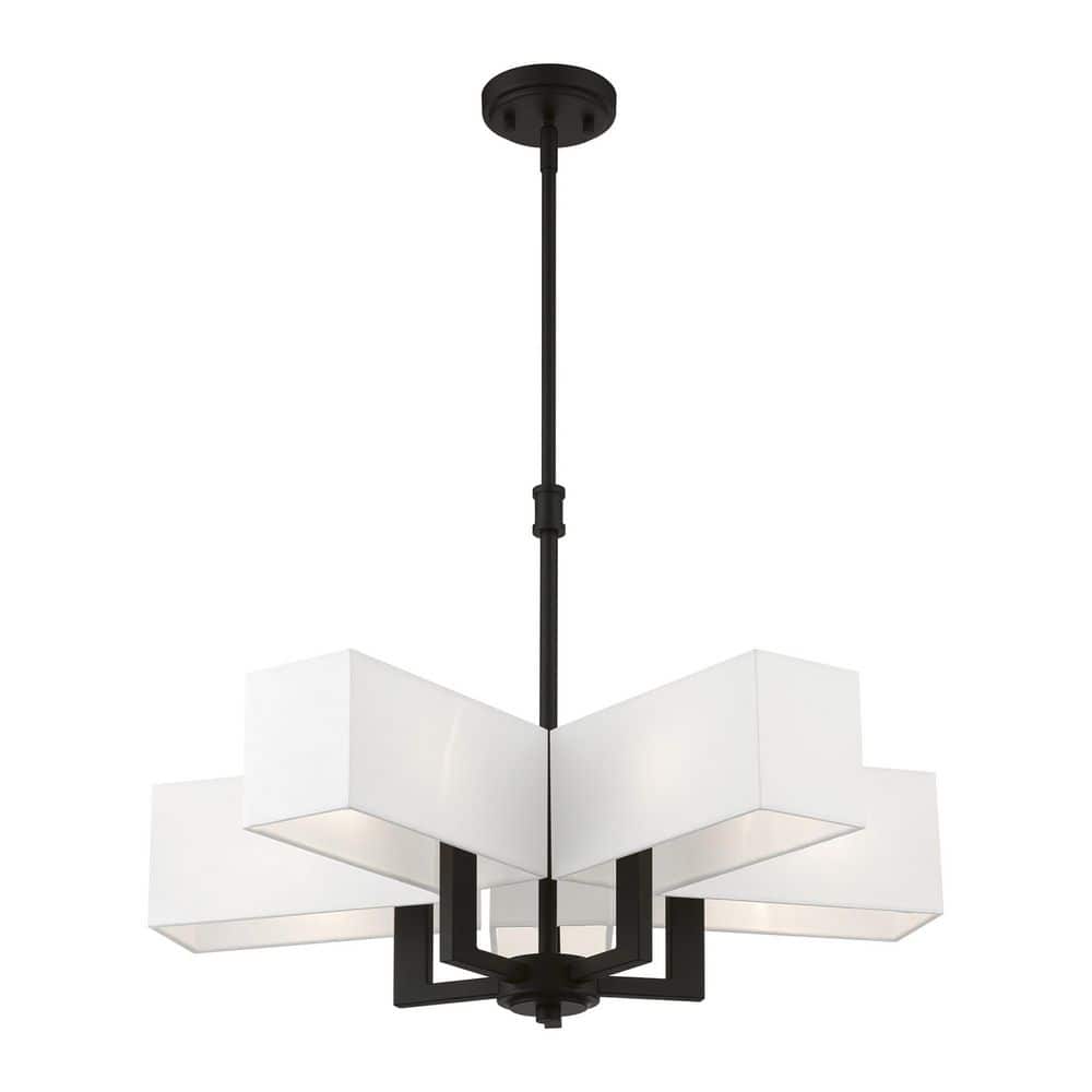 Satin Brass and Black 5-Light Chandelier with Fabric Shades