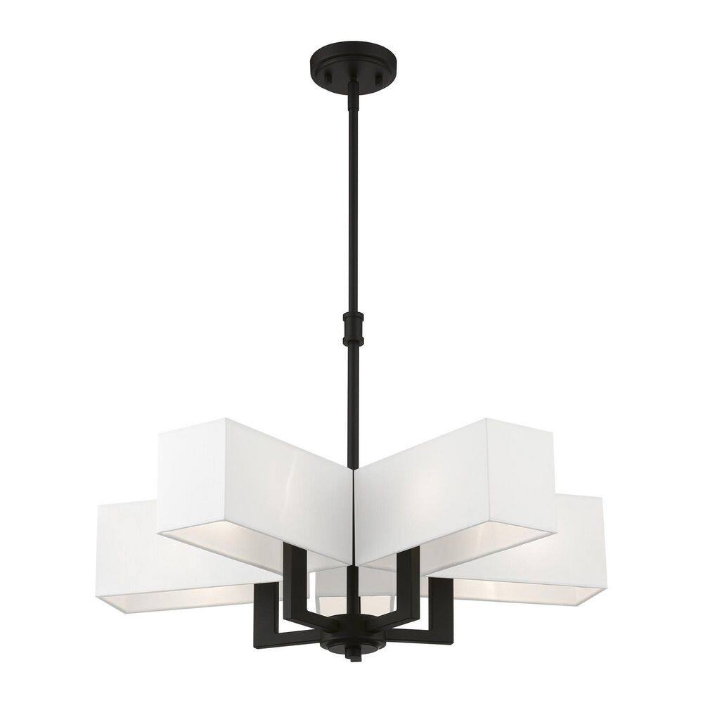 Satin Brass and Black 5-Light Chandelier with Fabric Shades