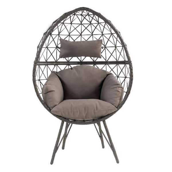 Unbranded Black Wicker Outdoor Lounge Chair with Light Gray Cushion
