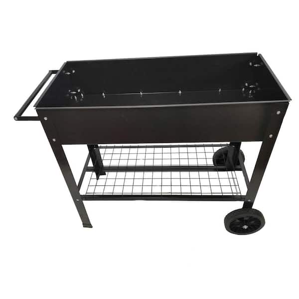 Oyezvary 39.80 in. L Black Metal Rectangular Indoor/Outdoor Elevated Tall Planter Raised Beds with Legs, Wheels & Storage Shelf