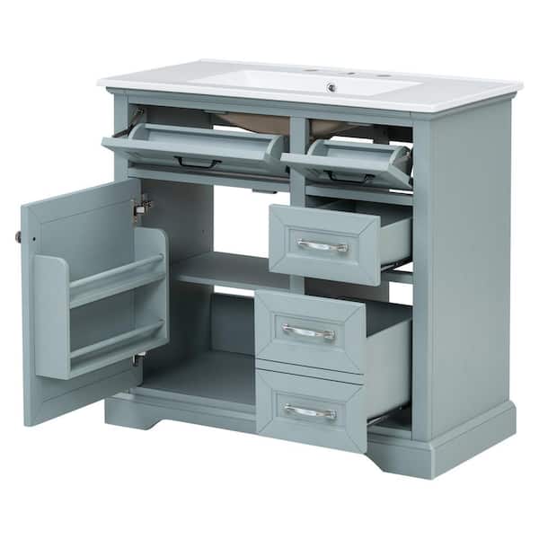 36 in. Single Sink Freestanding Gray Bath Vanity with White Ceramic Top, Adjustable Shelf, Drawer, Unassembled