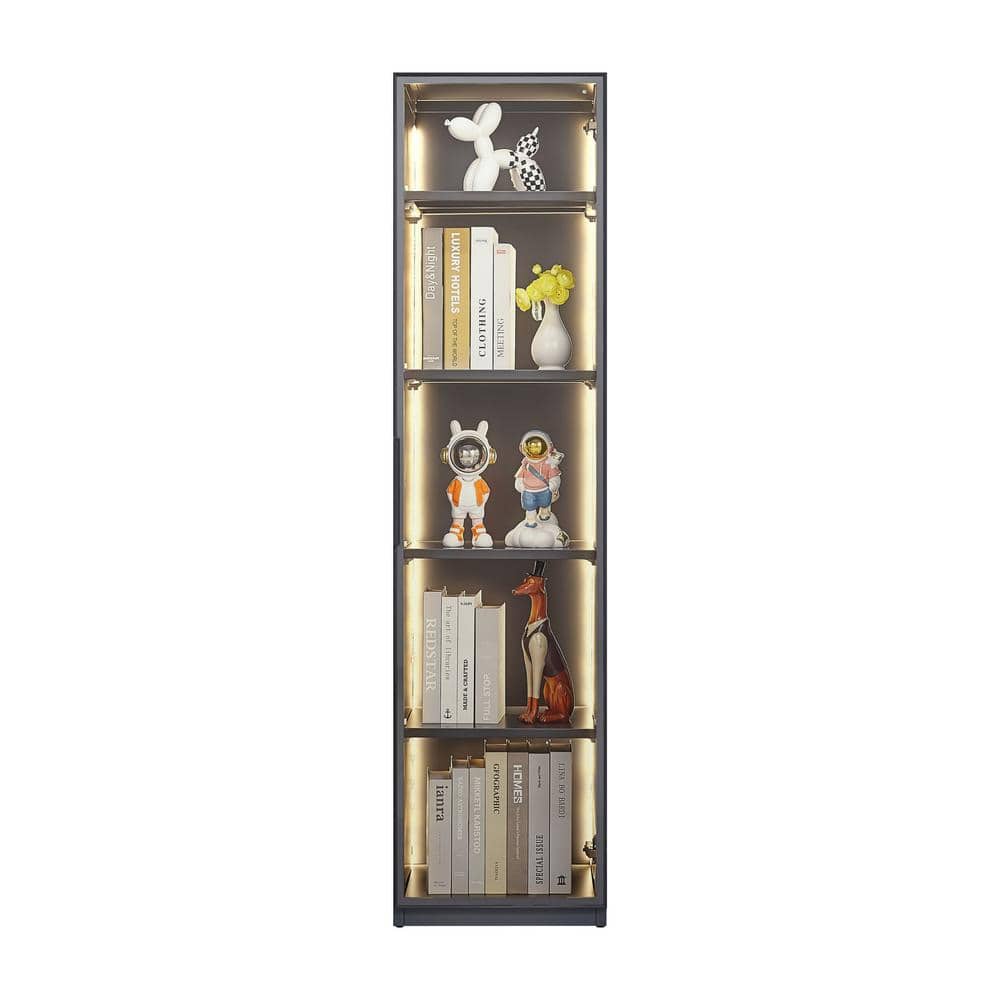 Glass Door Display Cabinet Gray 63 in. H Storage Cabinet with Lights 5-Shel