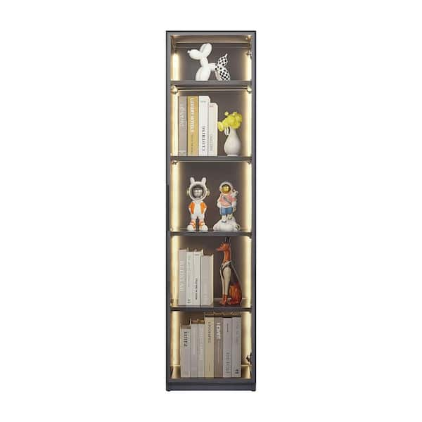 Unbranded Glass Door Display Cabinet Gray 63 in. H Storage Cabinet with Lights 5-Shelf Curio Cabinets Floor Standing Bookshelf