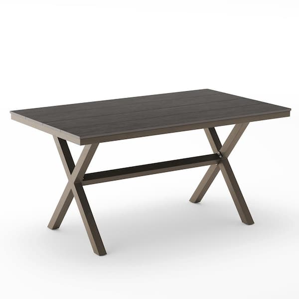 LUE BONA 59 in. Light Gray Rectangular Metal Outdoor Dining Table with X Legs and Plastic Wood Tabletop