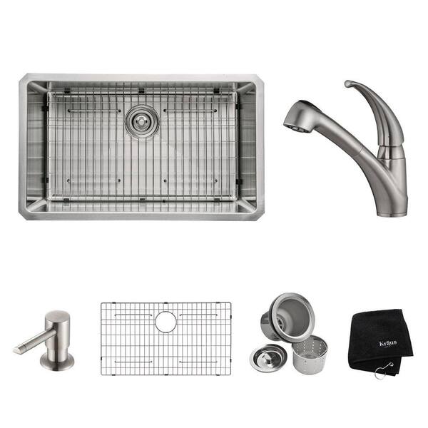 KRAUS All-in-One Undermount Stainless Steel 30 in. Single Basin Kitchen Sink with Faucet and Accessories in Stainless Steel
