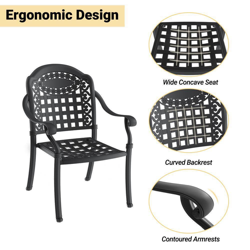 Matte Black Cast Aluminum Dining Armchairs with Blue Cushions