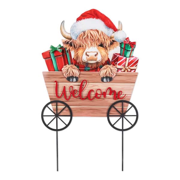 24.25 in. H Metal Christmas Animal-Highland Cow with Barrow Yard Stake