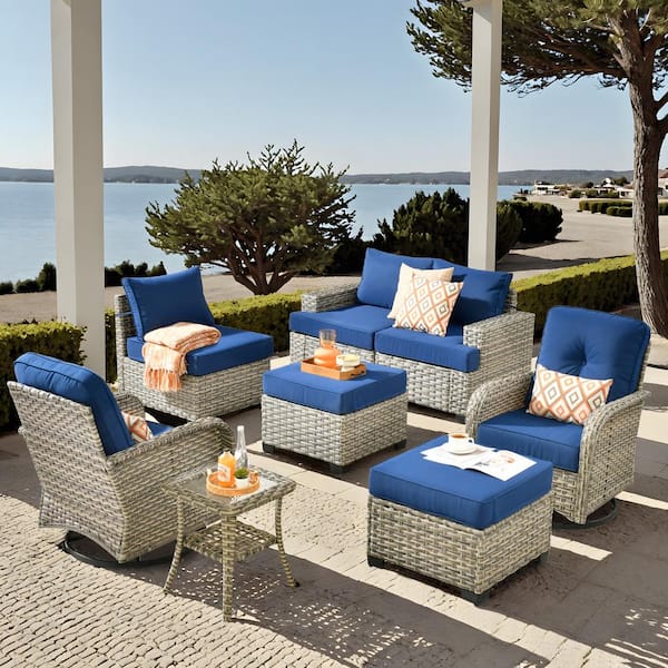 HOOOWOOO Kelleys 8-Piece Wicker Modern Outdoor Patio Conversation Sofa Set with Swivel Chairs and Navy-Blue Cushions