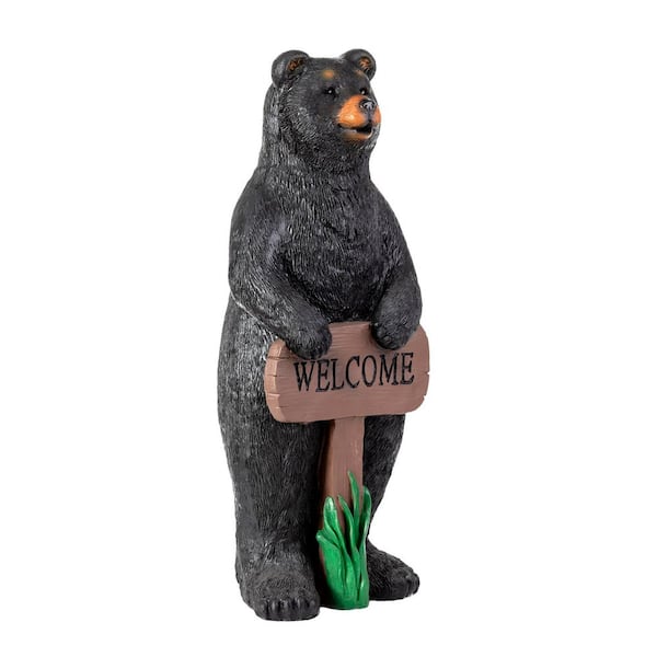 36 in. Tall Outdoor Standing Black Bear with Welcome Sign Yard Statue Decoration