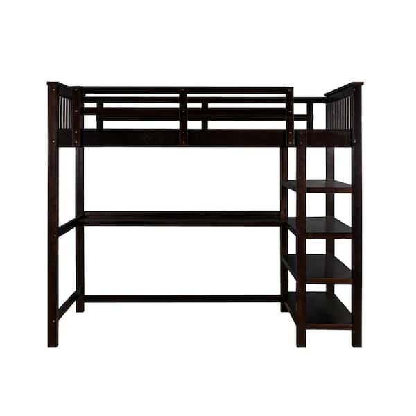 Qualfurn Espresso Rubber Wooden Twin, Twin Loft Bed With Desk And Shelves
