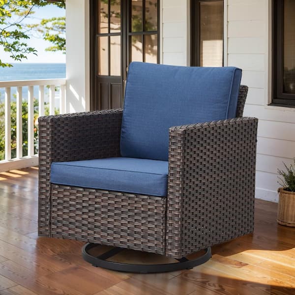 Gymojoy Valenta 1-Piece Brown Wicker Outdoor Rocking Chair with Blue Cushions