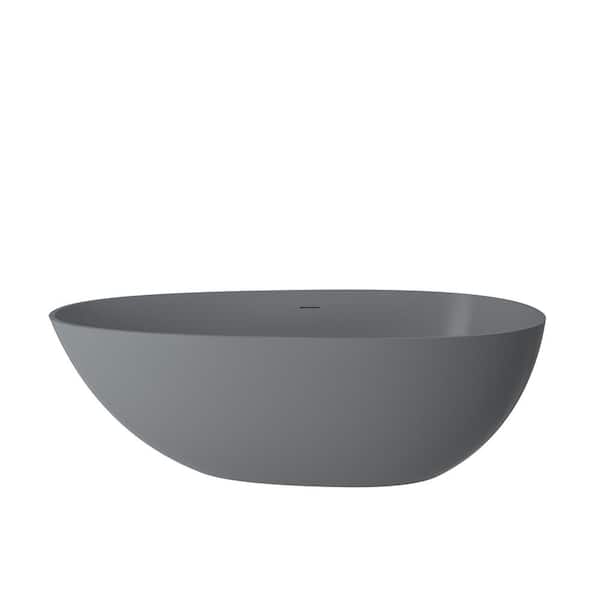 VANITYFUS 59 in. x 31 in. Stone Resin Solid Surface Non-Slip Freestanding Soaking Bathtub with Brass Drain and Hose in Matte Gray