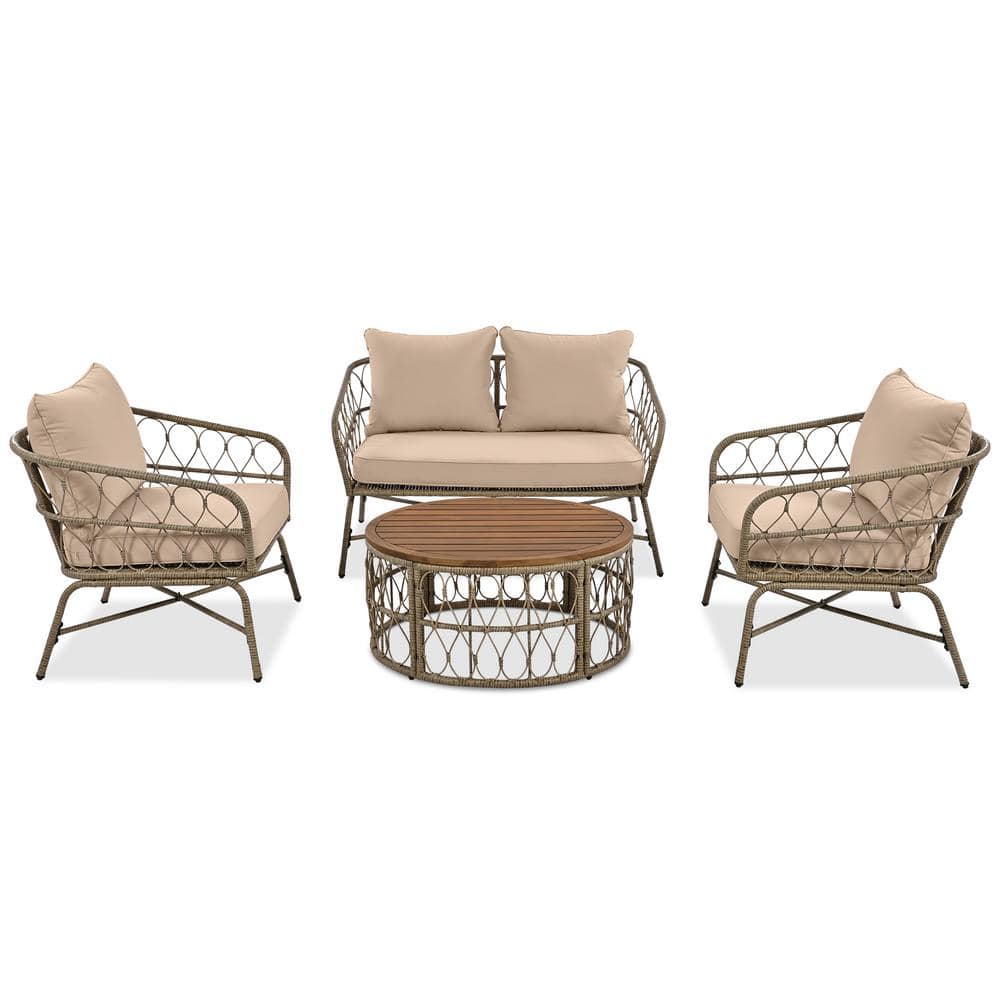 4-Piece Wicker Patio Conversation Sectional Seating Set with Wood Tabletop and Beige Removable Cushions price history on PriceWatchPro