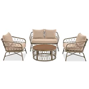 4-Piece Wicker Patio Conversation Sectional Seating Set with Wood Tabletop and Beige Removable Cushions