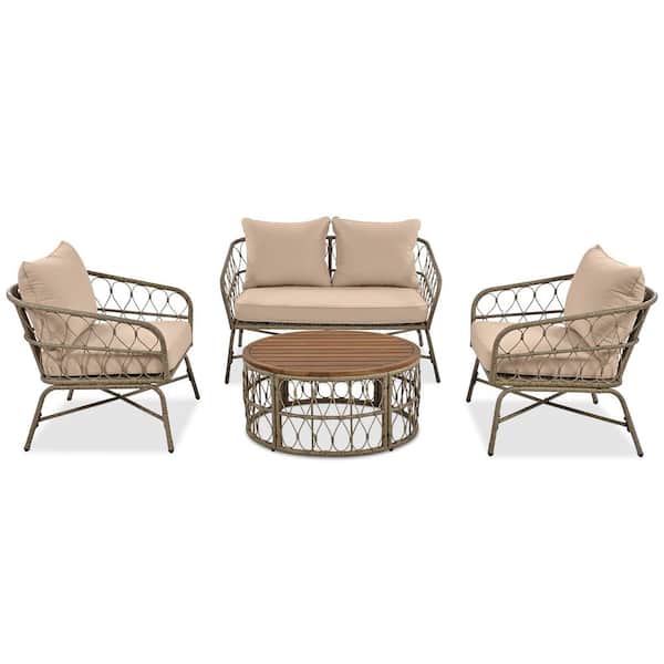 Angel Sar 4-Piece Wicker Patio Conversation Sectional Seating Set with Wood Tabletop and Beige Removable Cushions