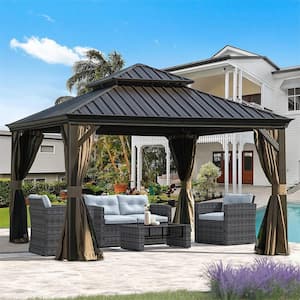 12 ft. x 12 ft. Outdoor Aluminum Frame Canopy with Galvanized Steel Double Roof, Curtains and Netting(Brown)