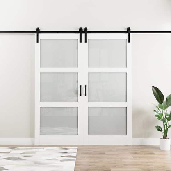 72 in. x 84 in. 3-Lite Tempered Frosted Glass White Finished Composite MDF Sliding Barn Door Slab with Hardware Kit