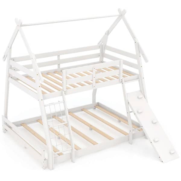 Costway White Twin Over Queen Bunk Bed House Shaped Bed Frame with Climbing Nets and Ramp