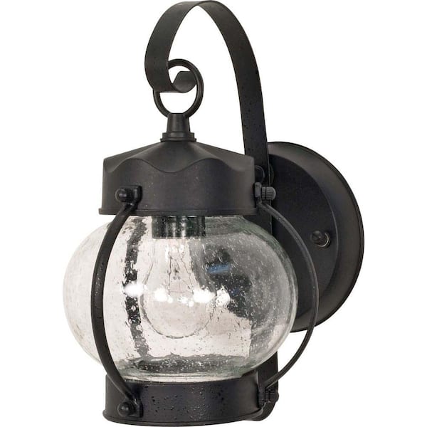 SATCO 1-Light Outdoor Textured Black Wall Lantern Sconce Onion Lantern with Clear Seed Glass