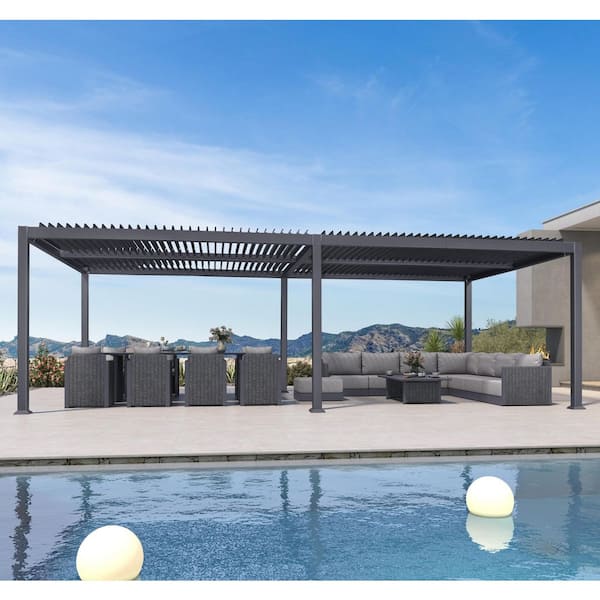 13.1 ft. x 24.9 ft. Gray Aluminum Outdoor Louvered Pergola with 4-Individual Adjustable Roofs and In-Built Gutter System