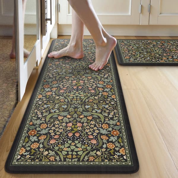 Vintage Black Spring Floral Washable Anti-Fatigue Kitchen Mat Set (17.3 in. x 47 in. and 17.3 in. x 29 in.)