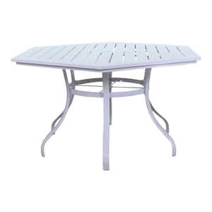 Santa Fe 60 in. Hexagon Aluminum Table with Slat Top and Umbrella Hole in White