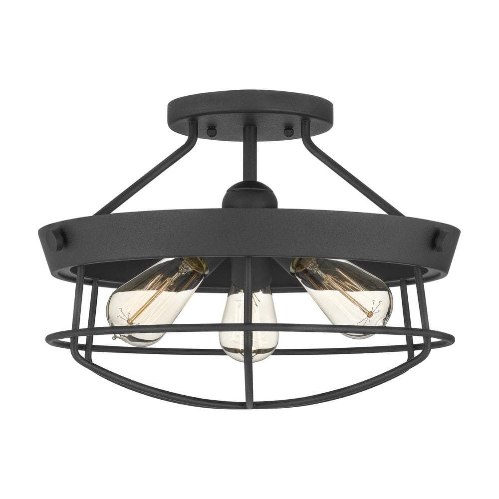 Dominic 15.5 in. 3-Light Matte Black Rustic Farmhouse Semi-Flush Mount