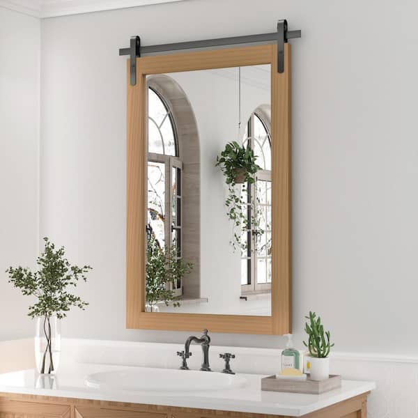 PAIHOME 24 in. W x 36 in. H Large Rectangle Mirrors Wood Framed Mirrors Wall Mirrors Bathroom Vanity Mirror Barn Mirror in Brown