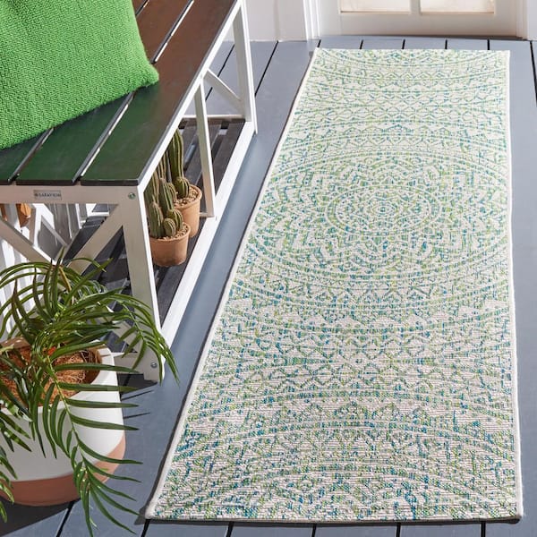 Courtyard Ivory/Green 2 ft. x 14 ft. Medallion Indoor/Outdoor Runner Rug