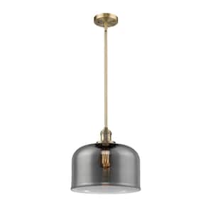 Bell 1-Light Brushed Brass Bowl Pendant Light with Plated Smoke Glass Shade