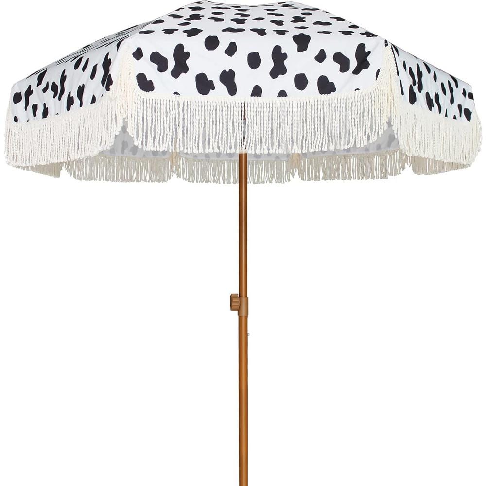 7 ft. Steel Pole Market Push-Button Tilt Patio Umbrella in Cow Polka Dots