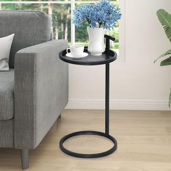 Maypex Dia 14 in. Tray Top Round Metal Black Accent Table and Side Table