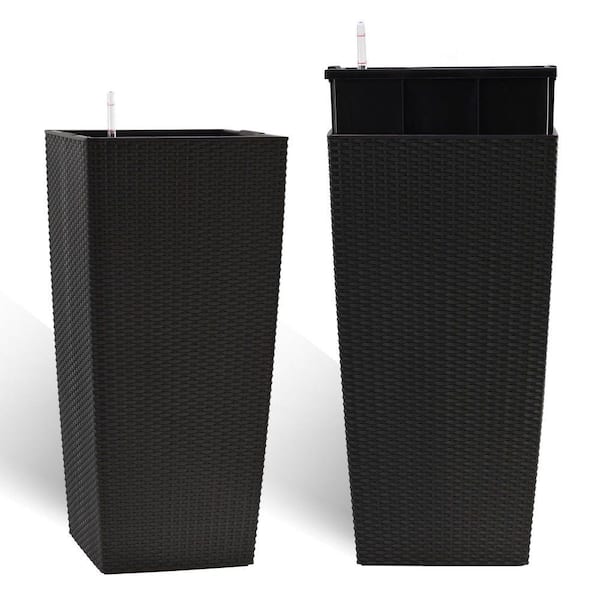 30 in. Black Outdoor Plastic Planter with Self-Watering Drainage HolesandInner (15.35 in. W x 30.12 in. H)