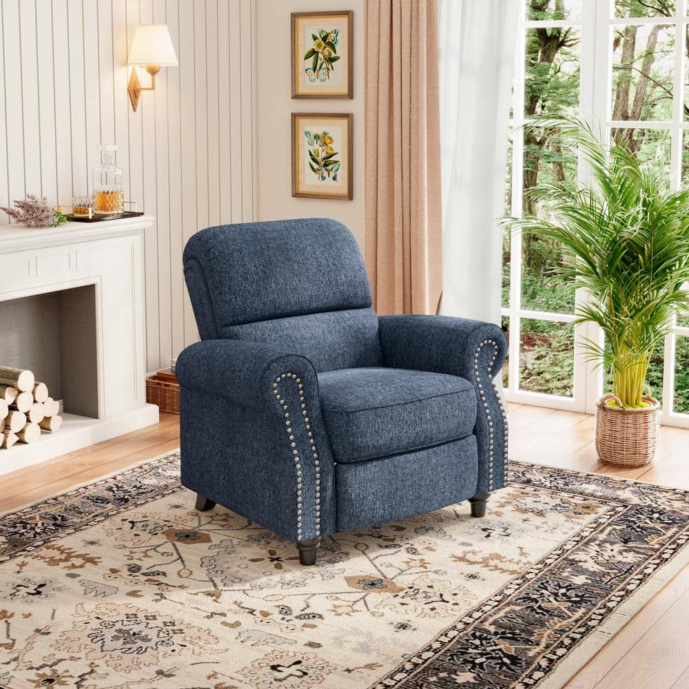 ProLounger Textured Blue Denim Chenille Pushback Recliner with Nailhead Trim -  RCL12-END55-PB