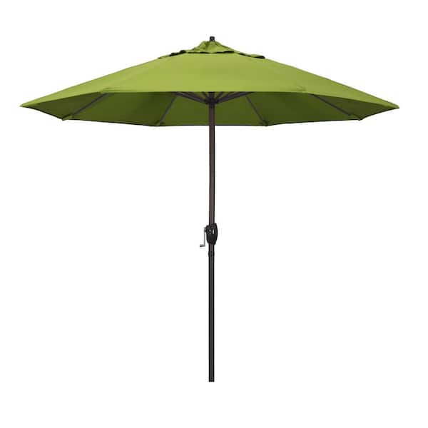 California Umbrella 9 ft. Bronze Aluminum Pole Market Aluminum Ribs Auto Tilt Crank Lift Patio Umbrella in Macaw Sunbrella