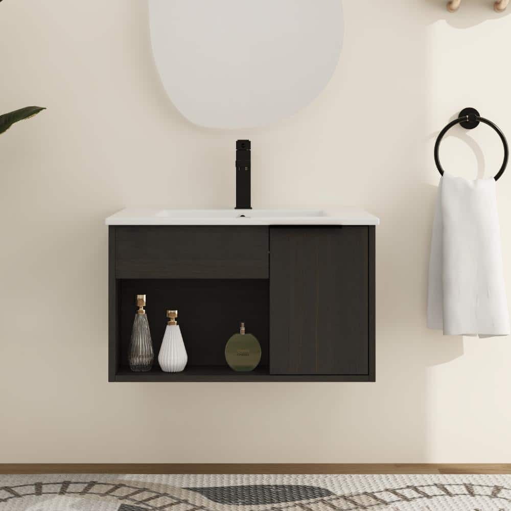 24.02 in. W x 18.31 in. D x 14.57 in. H Wall Mounted Bath Vanity in Black Chestnut with White Ceramic Vanity Top price history on PriceWatchPro