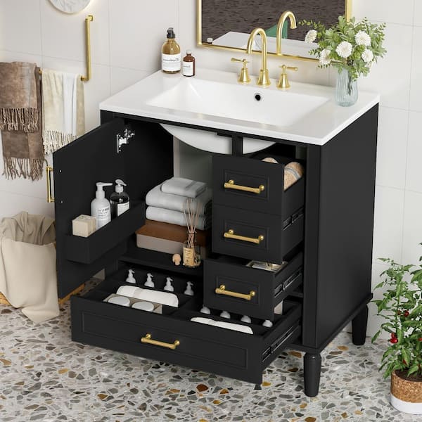 FAMYYT 30 in. Single Sink Freestanding Solid Wood Feet Black Bath