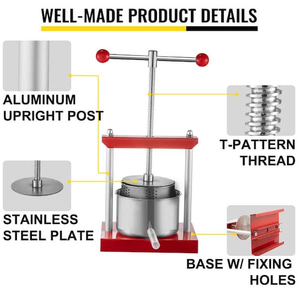 VEVOR Fruit Wine Press 0.9 Gal. Cheese Vegetable Tincture Press with  T-Handle and 0.1 in. Thick Plate for Juicing, Red ZZJDGNYZJ3LRD0001V0 - The  Home Depot