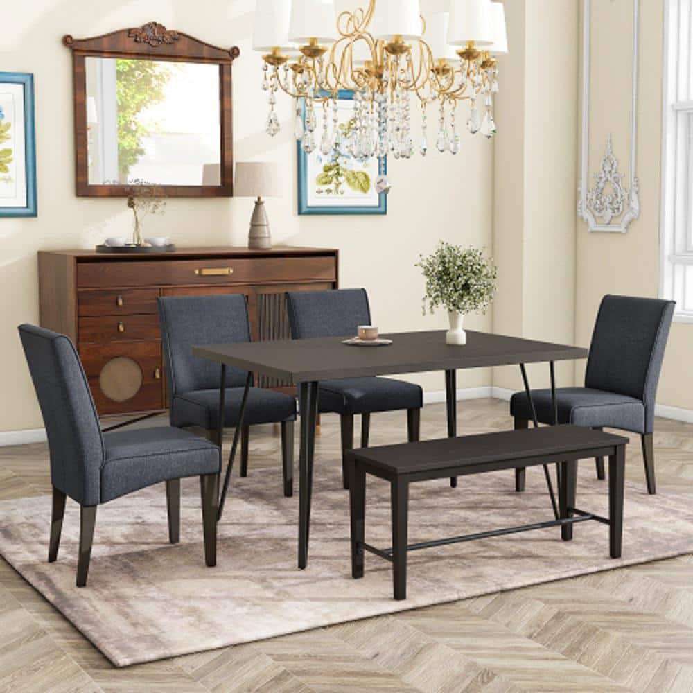 Espresso Black 6-Piece Wood Table and Upholstered Backrests Chair Outdoor D