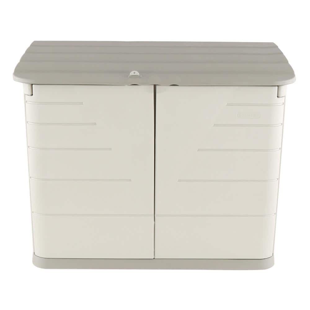 Beige and Gray Resin Horizontal Storage Shed with Shelving