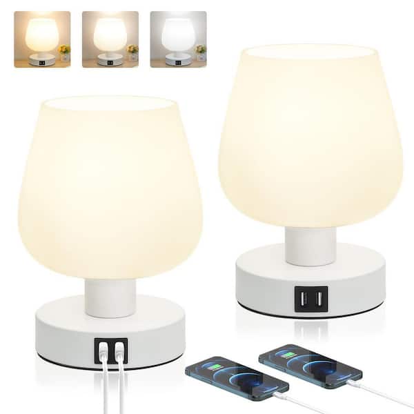 8 in. Dimmable Touch Control Bedside Table Lamps with USB Ports, White (Set of 2)